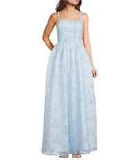 Dear Moon Metallic Floral Patterned Lace Square Neck Sleeveless Ballgown