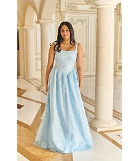 Dear Moon Metallic Floral Patterned Lace Square Neck Sleeveless Ballgown