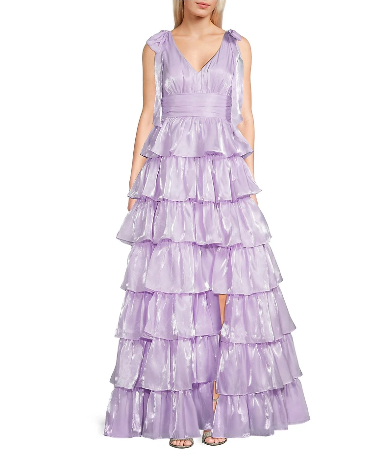Dear Moon Organza Tie Shoulder V-Neck Tiered Ball Gown