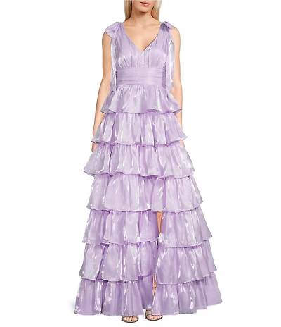 Dear Moon Organza Tie Shoulder V-Neck Tiered Ball Gown