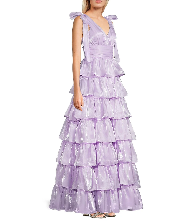 Dear Moon Organza Tie Shoulder V-Neck Tiered Ball Gown