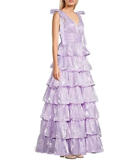 Dear Moon Organza Tie Shoulder V-Neck Tiered Ball Gown