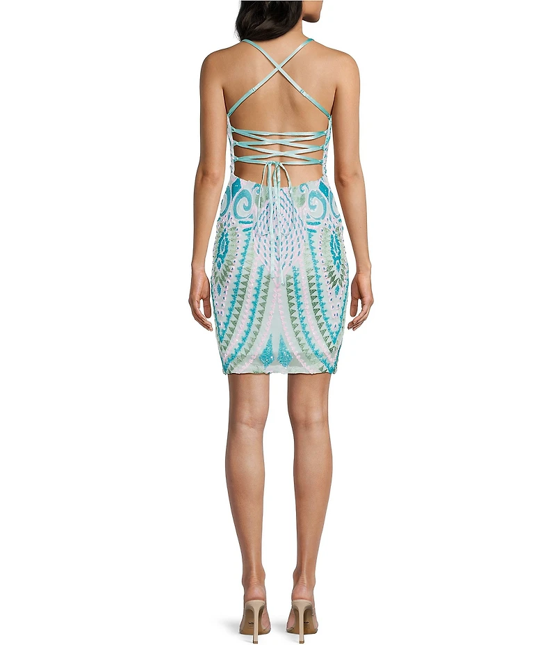 Dear Moon Patterned Sequin Bodycon Lace Up Back Dress