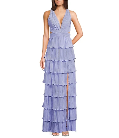 Dear Moon Pleated Halter V-Neck Tiered Ruffle Long Dress