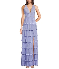 Dear Moon Pleated Halter V-Neck Tiered Ruffle Long Dress