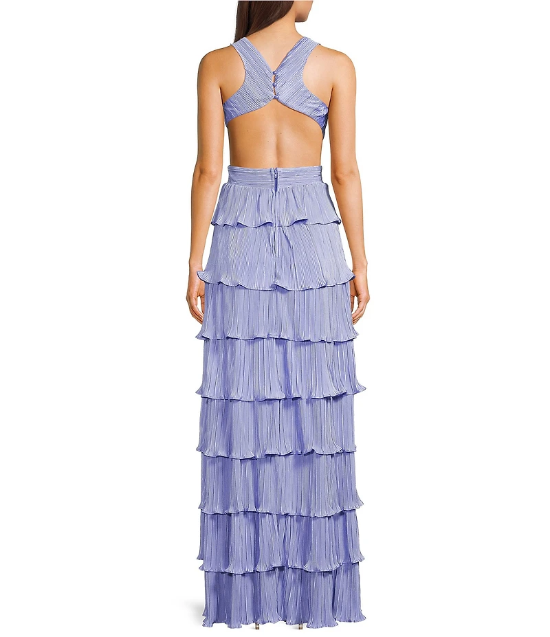 Dear Moon Pleated Halter V-Neck Tiered Ruffle Long Dress