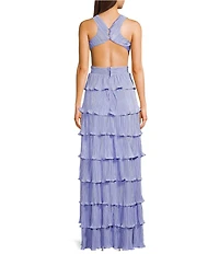 Dear Moon Pleated Halter V-Neck Tiered Ruffle Long Dress