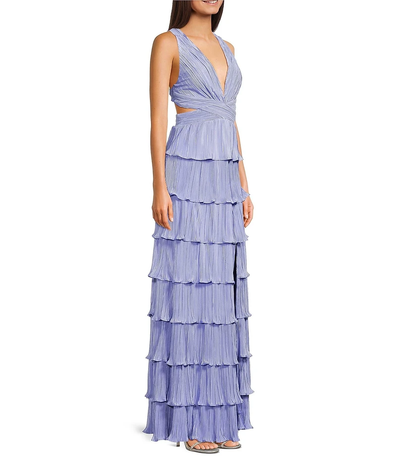 Dear Moon Pleated Halter V-Neck Tiered Ruffle Long Dress