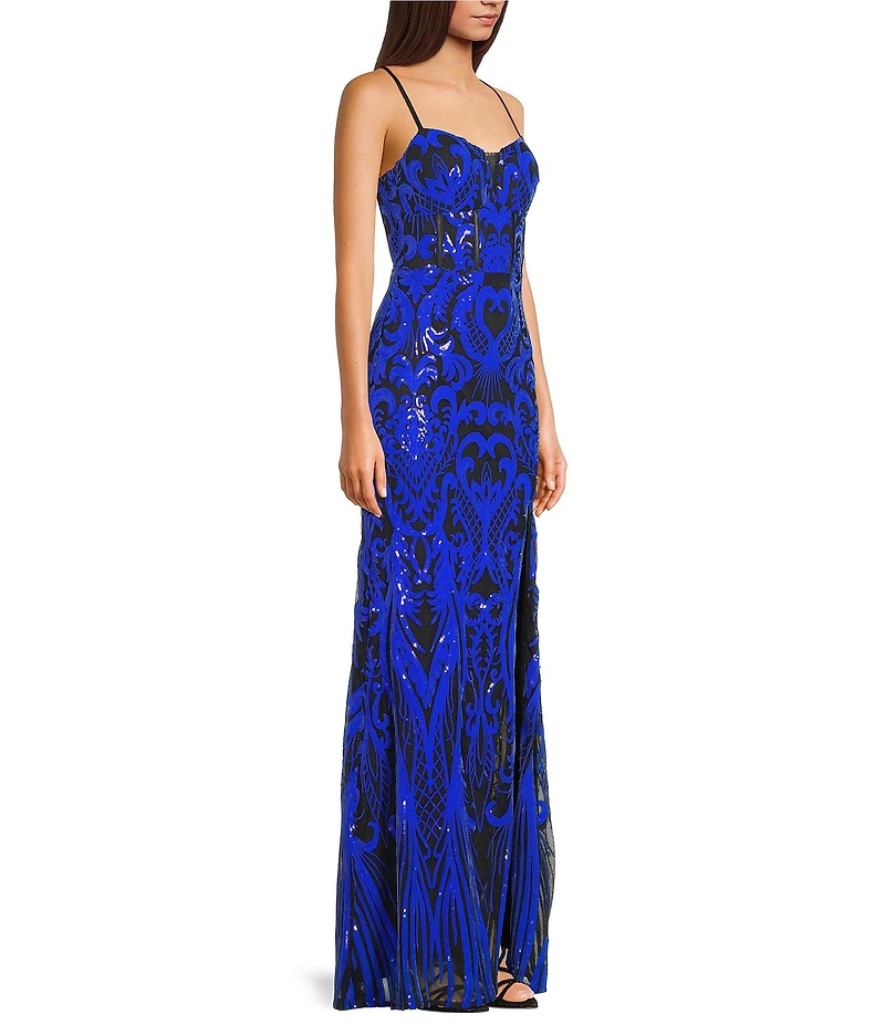 Dear Moon Power Mesh Sequin Patterned Side Slit Dress