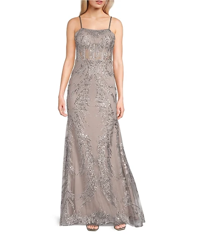 Dear Moon Printed Glitter Mesh Square Neck Spaghetti Strap Illusion Corset Gown
