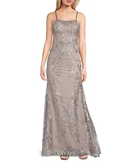 Dear Moon Printed Glitter Mesh Square Neck Spaghetti Strap Illusion Corset Gown