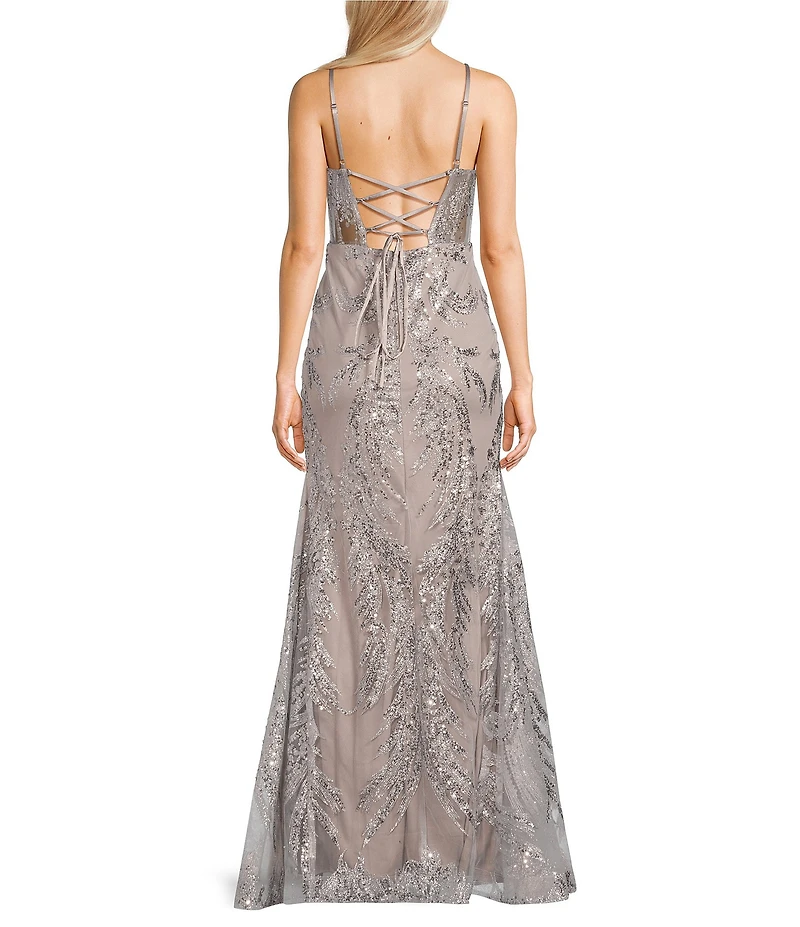 Dear Moon Printed Glitter Mesh Square Neck Spaghetti Strap Illusion Corset Gown