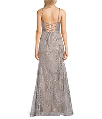 Dear Moon Printed Glitter Mesh Square Neck Spaghetti Strap Illusion Corset Gown
