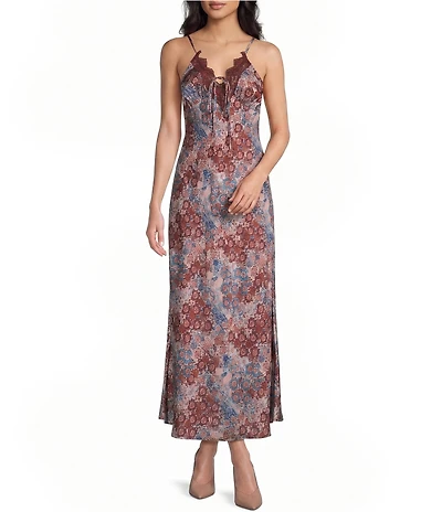 Dear Moon Printed Lace Trim Midi Slip Dress