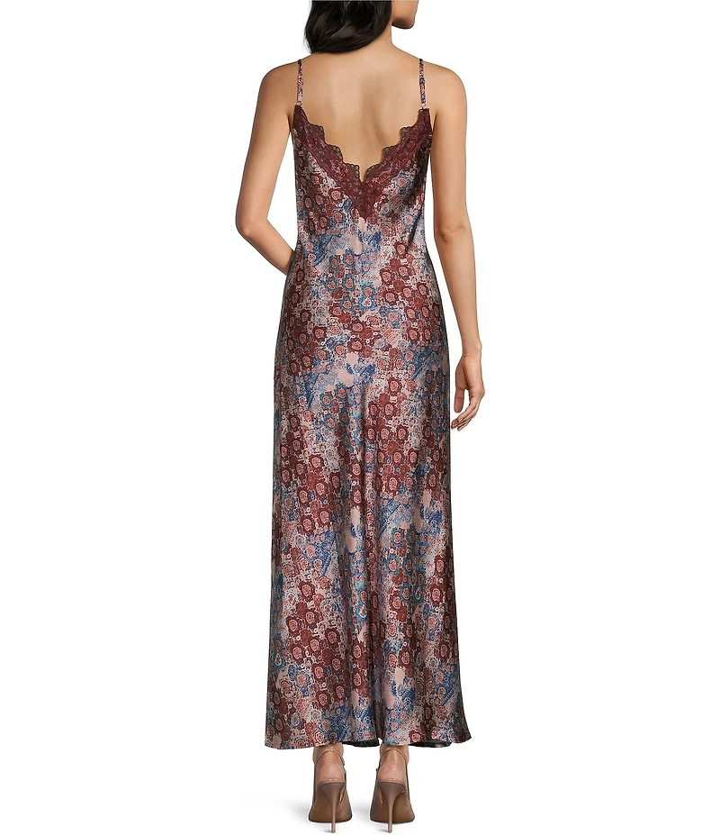 Dear Moon Printed Lace Trim Midi Slip Dress