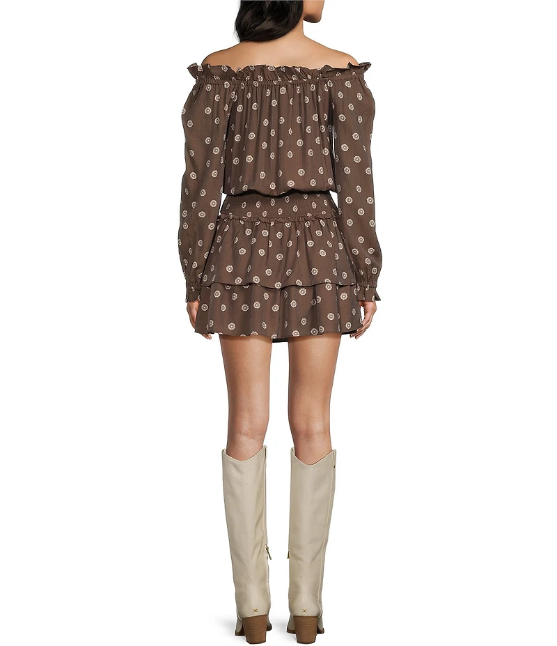 Dear Moon Printed Off-The-Shoulder Long Sleeve Tie Front Drop Waist Dress