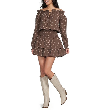 Dear Moon Printed Off-The-Shoulder Long Sleeve Tie Front Drop Waist Dress