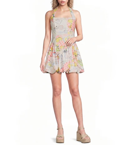Dear Moon Printed Scuba Crepe Halter Neck Bubble Hem Dress