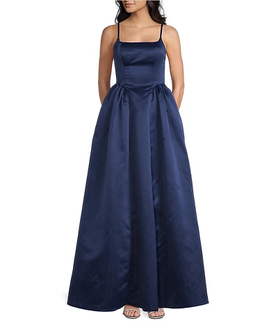 Dear Moon Satin Basque Waist Square Neck Spaghetti Straps Long Dress