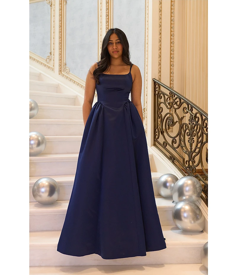 Dear Moon Satin Basque Waist Square Neck Spaghetti Straps Long Dress