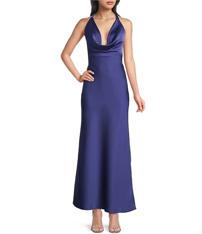 Dear Moon Satin Cowl Neck Tie Back Long Dress