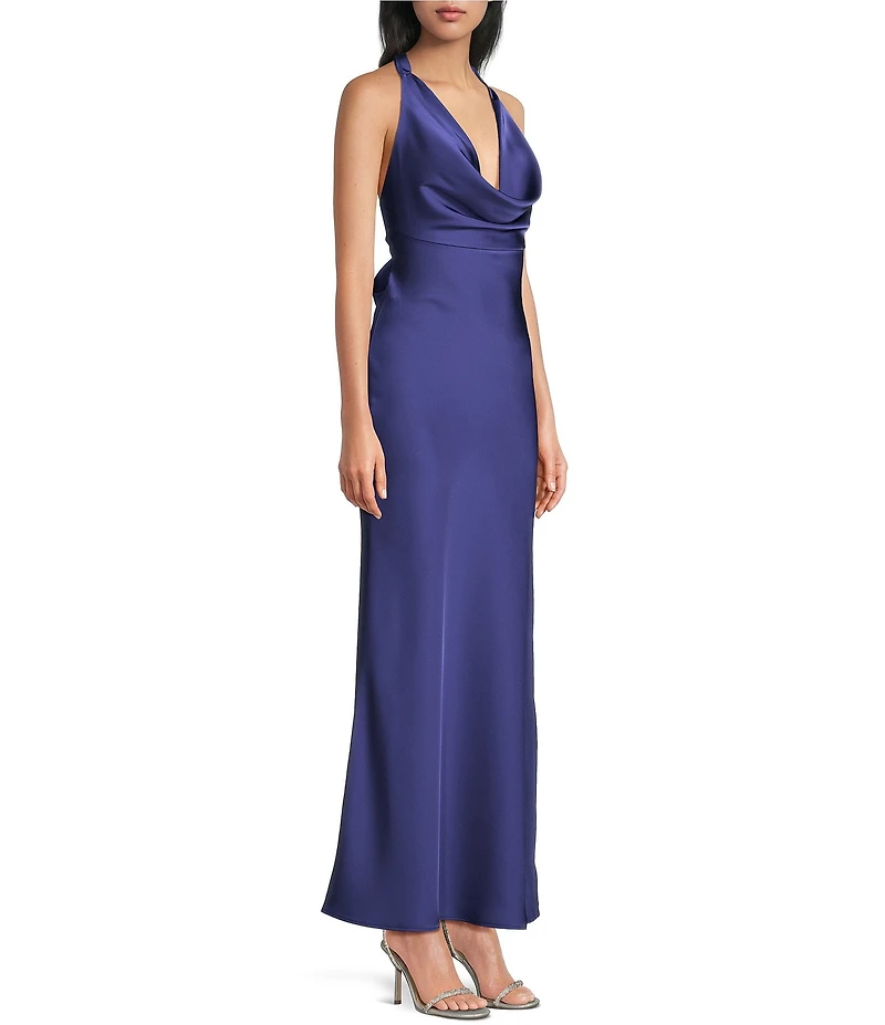 Dear Moon Satin Cowl Neck Tie Back Long Dress