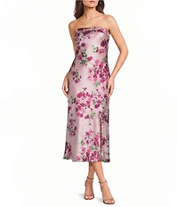 Dear Moon Satin Floral Printed Strapless Side Slit Dress