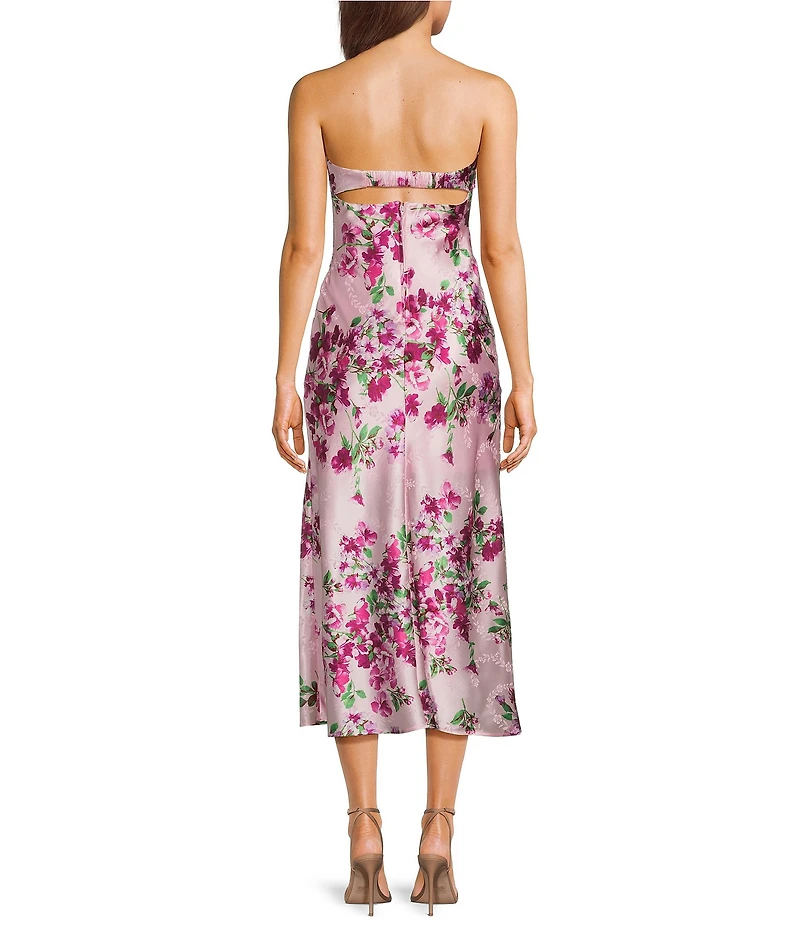 Dear Moon Satin Floral Printed Strapless Side Slit Dress