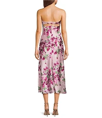 Dear Moon Satin Floral Printed Strapless Side Slit Dress