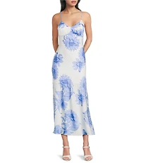 Dear Moon Satin Floral Printed Sweetheart Neck Midi Dress