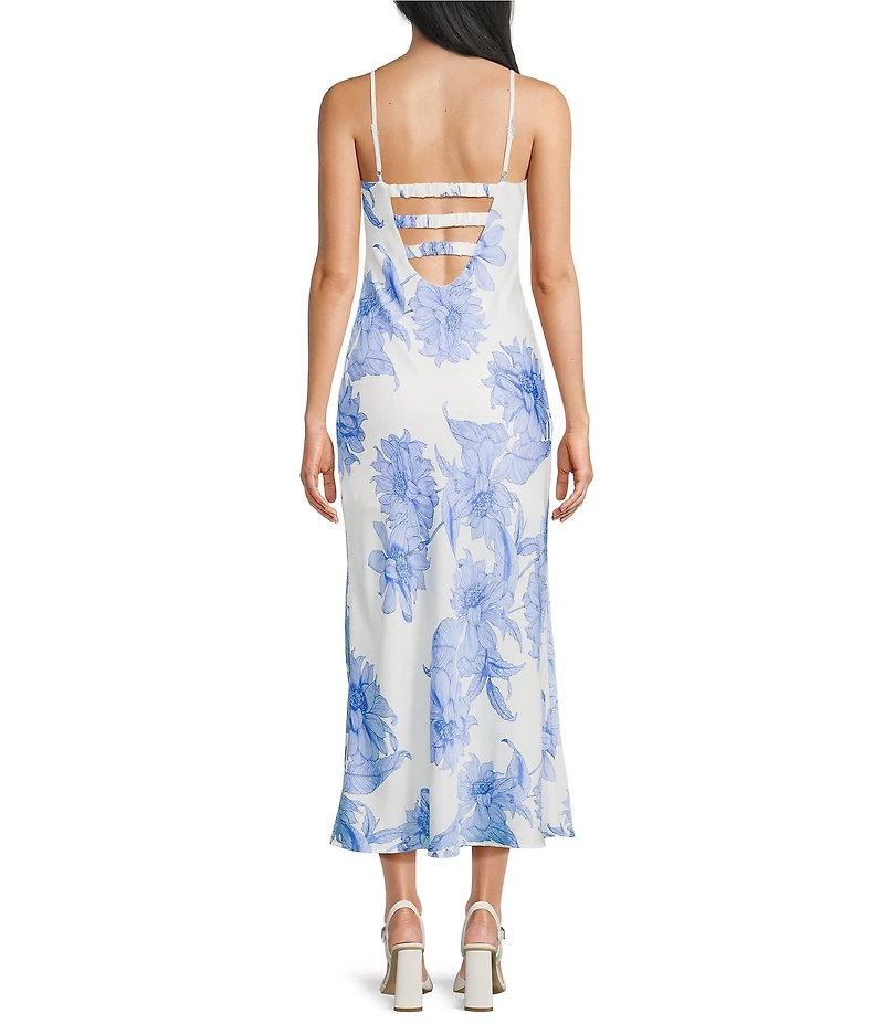 Dear Moon Satin Floral Printed Sweetheart Neck Midi Dress