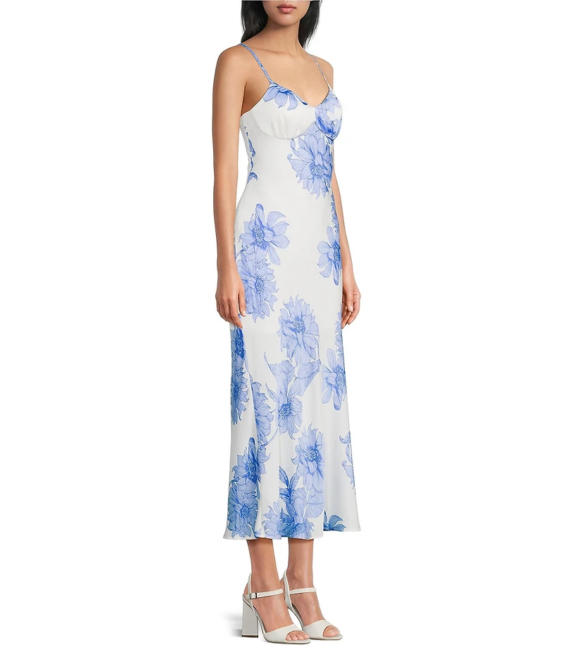Dear Moon Satin Floral Printed Sweetheart Neck Midi Dress