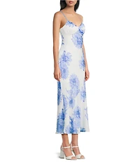 Dear Moon Satin Floral Printed Sweetheart Neck Midi Dress