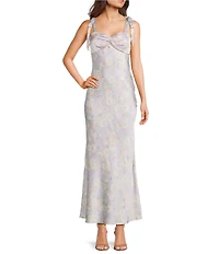 Dear Moon Satin Floral Printed Twisted Front Tie Shoulder Midi Dress