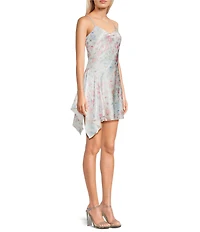 Dear Moon Satin Floral Printed V-Neck Asymmetrical Hem Midi Dress