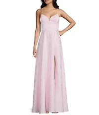 Dear Moon Satin Jacquard Floral V-Neck Front Slit Dress