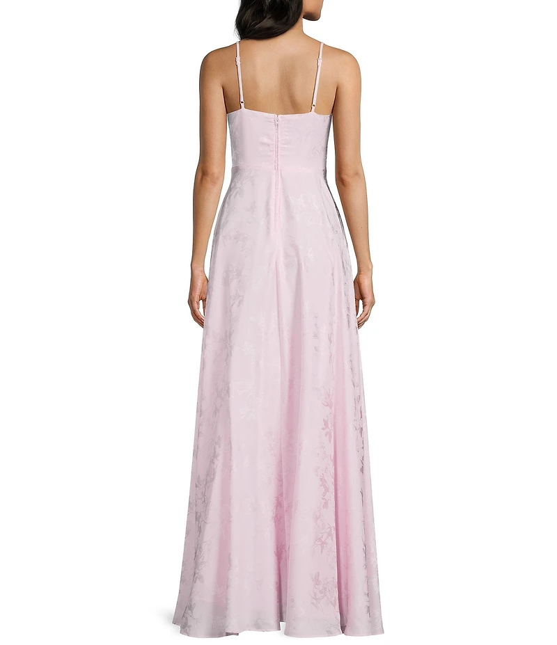 Dear Moon Satin Jacquard Floral V-Neck Front Slit Dress