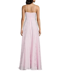 Dear Moon Satin Jacquard Floral V-Neck Front Slit Dress