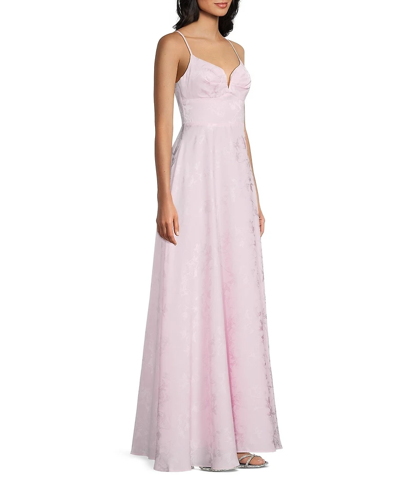 Dear Moon Satin Jacquard Floral V-Neck Front Slit Dress