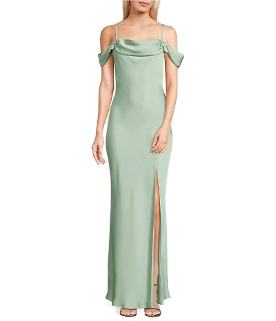 Dear Moon Satin Off The Shoulder Cowl Neck Dress
