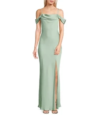 Dear Moon Satin Off The Shoulder Cowl Neck Dress