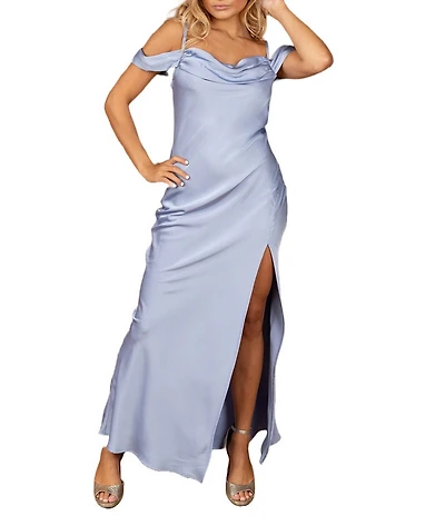 Dear Moon Satin Off The Shoulder Cowl Neck Dress