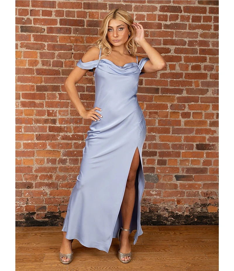 Dear Moon Satin Off The Shoulder Cowl Neck Dress