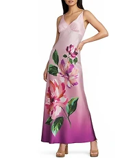 Dear Moon Satin Ombre Floral Placement Printed V-Neck Slip Dress