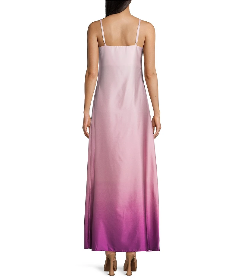 Dear Moon Satin Ombre Floral Placement Printed V-Neck Slip Dress