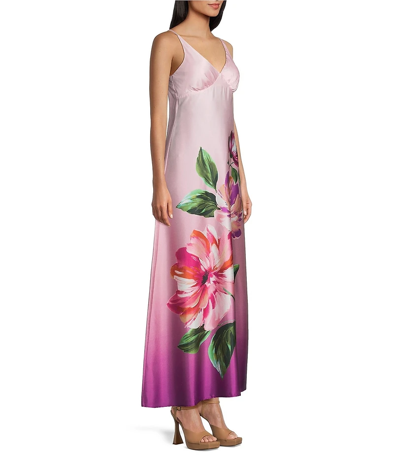 Dear Moon Satin Ombre Floral Placement Printed V-Neck Slip Dress
