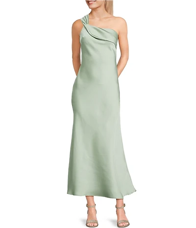 Dear Moon Satin One Shoulder Bias Cut Midi Dress