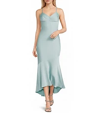 Dear Moon Satin Pleated Bodice Asymmetrical High Low Hem Dress