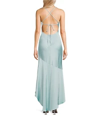 Dear Moon Satin Pleated Bodice Asymmetrical High Low Hem Dress