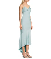 Dear Moon Satin Pleated Bodice Asymmetrical High Low Hem Dress